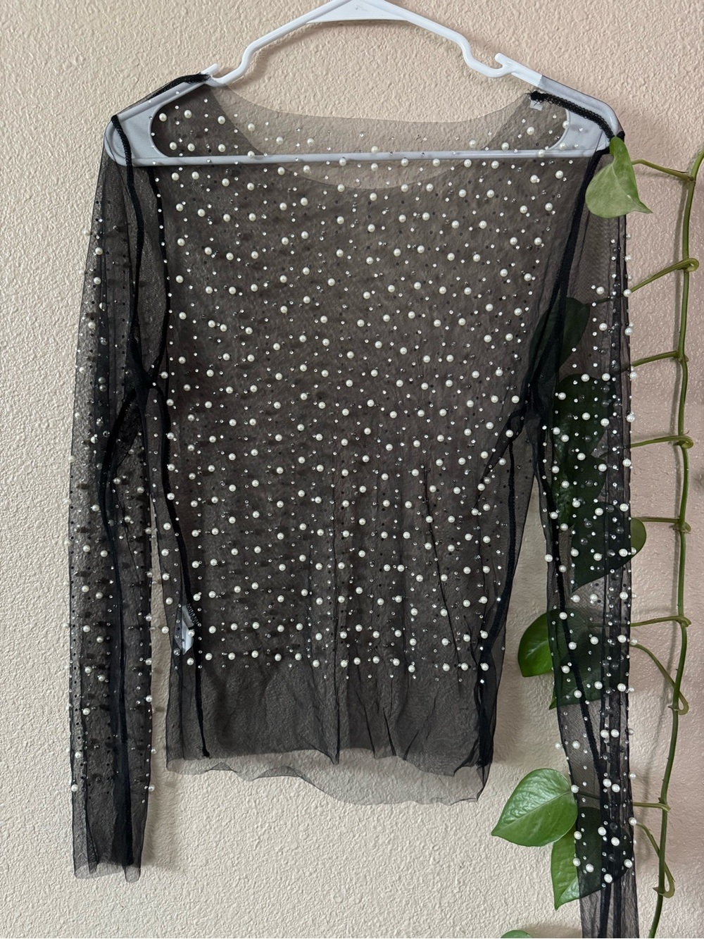 Mesh pearl and rhinestone top